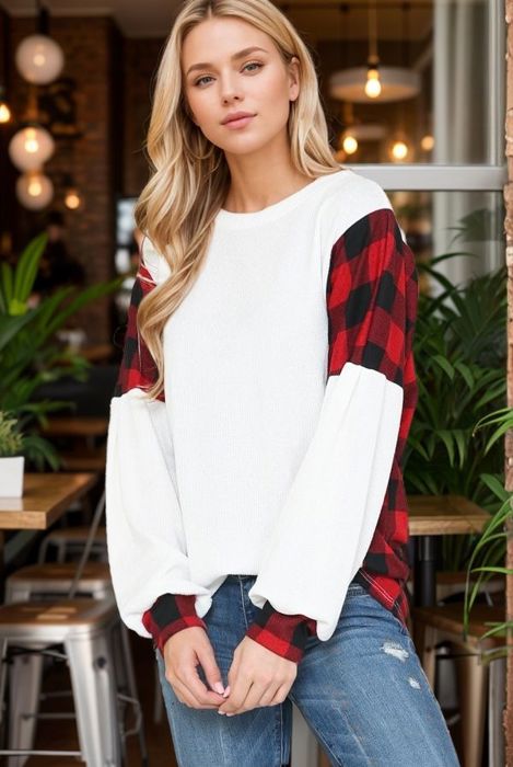 LONG SLEEVE TOP WITH BUFFALO PLAID CONTRAST