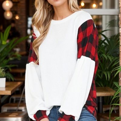 LONG SLEEVE TOP WITH BUFFALO PLAID CONTRAST