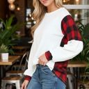 XL WHITE LONG SLEEVE TOP WITH BUFFALO PLAID CONTRAST