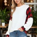 Medium WHITE LONG SLEEVE TOP WITH BUFFALO PLAID CONTRAST