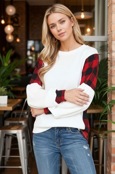 LONG SLEEVE TOP WITH BUFFALO PLAID CONTRAST