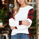 Large WHITE LONG SLEEVE TOP WITH BUFFALO PLAID CONTRAST