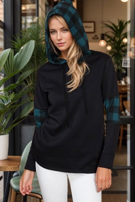 HOODIE SWEATSHIRT WITH PLAID CONTRAST