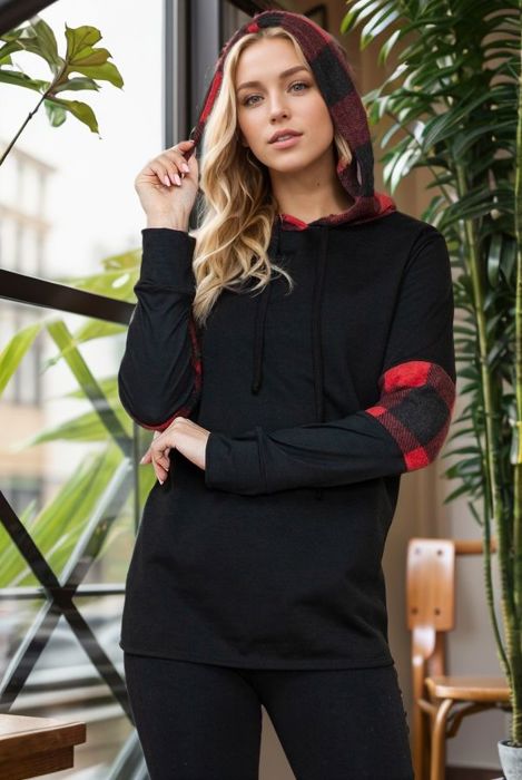 HOODIE SWEATSHIRT WITH PLAID CONTRAST