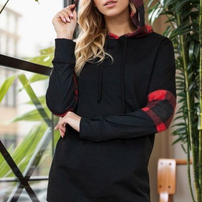 HOODIE SWEATSHIRT WITH PLAID CONTRAST
