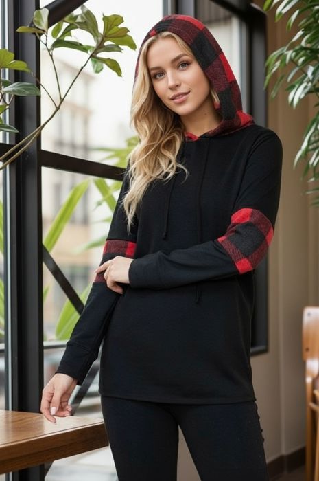 HOODIE SWEATSHIRT WITH PLAID CONTRAST