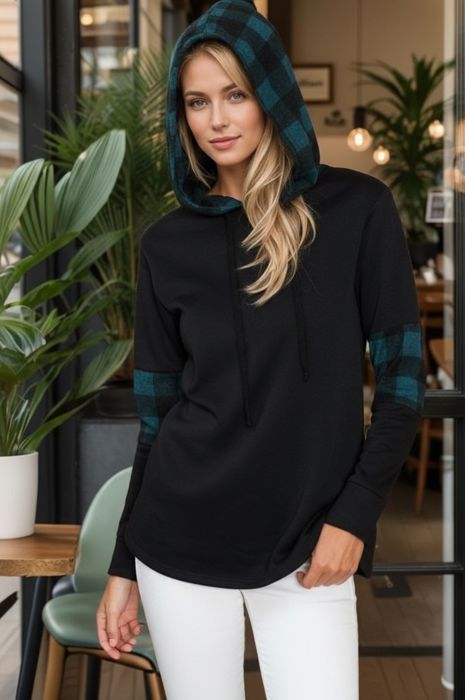 HOODIE SWEATSHIRT WITH PLAID CONTRAST