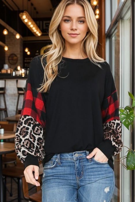 Leopard and plaid sleeve tunic