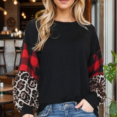 Leopard and plaid sleeve tunic