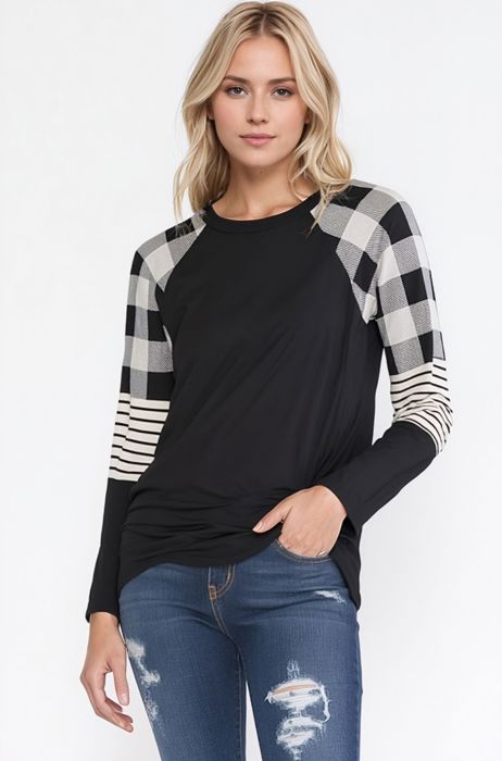 RAGLAN TUNIC WITH PLAID AND STRIPE CONTRAST SLEEVES