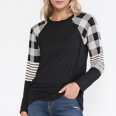 RAGLAN TUNIC WITH PLAID AND STRIPE CONTRAST SLEEVES