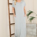 Small GREY SHORT SLEEVE MAXI DRESS WITH SIDE SLIT AND POCKETS