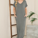 Large SAGE  SHORT SLEEVE MAXI DRESS WITH SIDE SLIT AND POCKETS