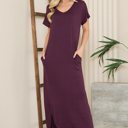 Small PLUM SHORT SLEEVE MAXI DRESS WITH SIDE SLIT AND POCKETS