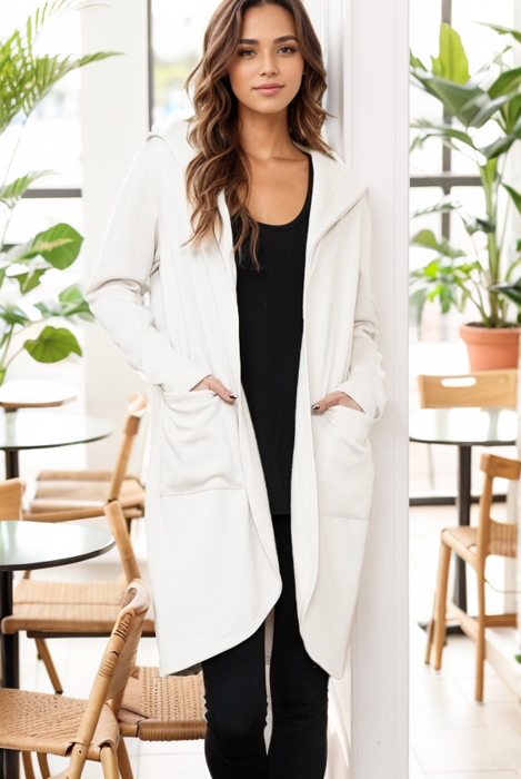 BRUSH HOODED OPEN CARDIGAN WITH SIDE POCKETS