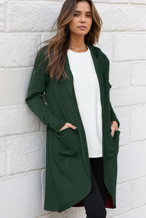 BRUSH HOODED OPEN CARDIGAN WITH SIDE POCKETS