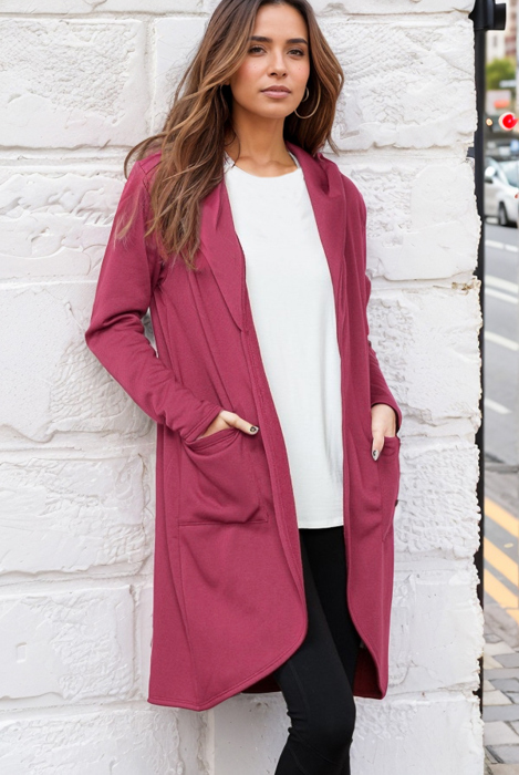 BRUSH HOODED OPEN CARDIGAN WITH SIDE POCKETS