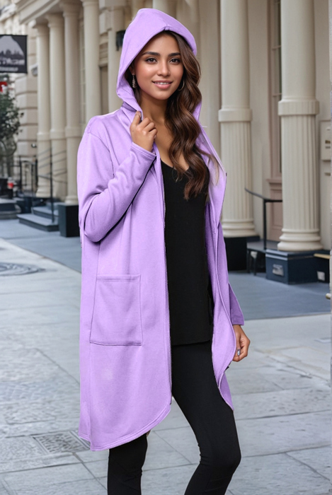 BRUSH HOODED OPEN CARDIGAN WITH SIDE POCKETS