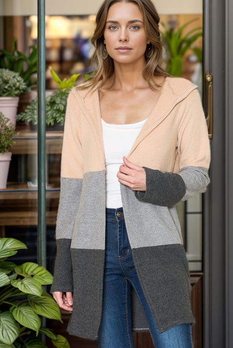HOODIE COLOR BLOCK LONG CARDIGAN