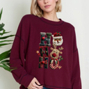 Small BURGUNDY Oversized Crew Neck Top cute HOHOHO PRINT