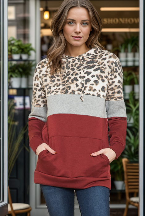 ANIMAL COLOR BLOCK TUNIC HOODIE TOP