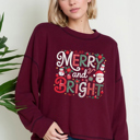 Small BURGUNDY Oversized Crew Neck Top MERRY & BRIGHT PRINT