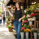 Small BLACK SOLID TUNIC TOP WITH BUBBLE SWISS DOT MESH SLEEVES