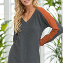 Small CHARCOAL V-NECK TUNIC TOP WITH FUZZY SLEEVE CONTRAST
