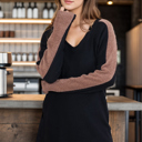  V-NECK TUNIC TOP WITH FUZZY SLEEVE CONTRAST