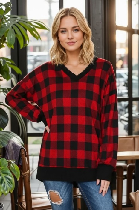 V-NECK BUFFALO PLAID TUNIC TOP