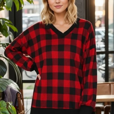 V-NECK BUFFALO PLAID TUNIC TOP