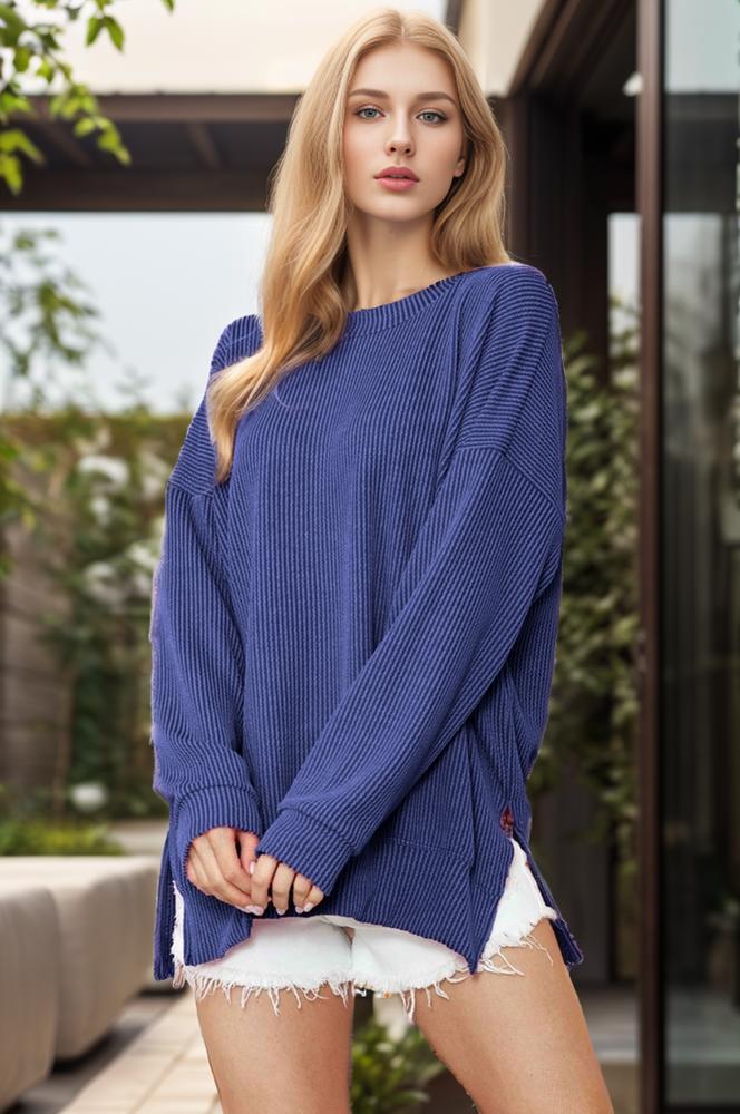 WAVE RIB OVERSIZED SWEATSHIRT WITH SIDE SLIT