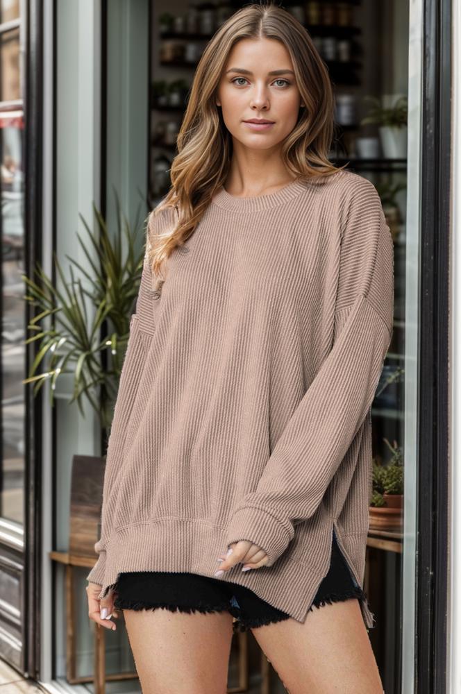 WAVE RIB OVERSIZED SWEATSHIRT WITH SIDE SLIT