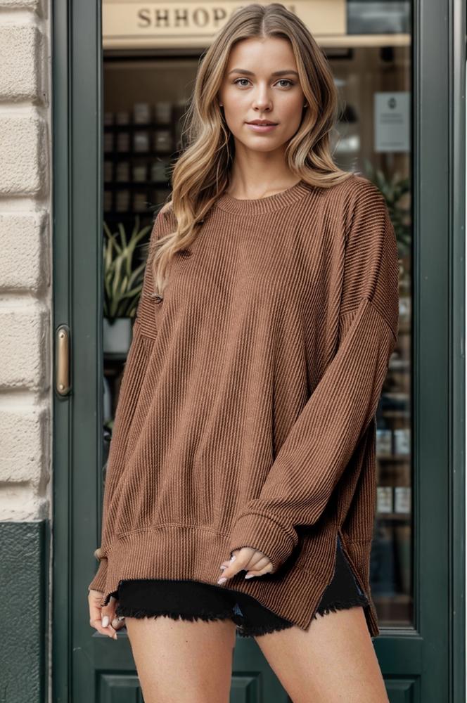 WAVE RIB OVERSIZED SWEATSHIRT WITH SIDE SLIT