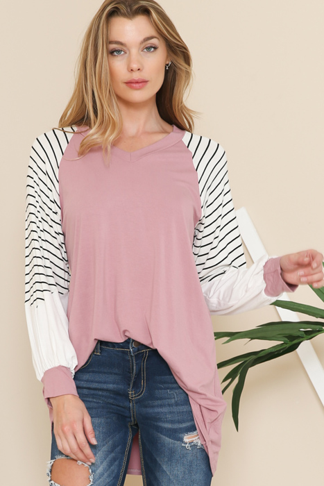 V-NECK BASEBALL TUNIC WITH STRIPE SLEEVES