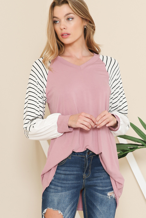 V-NECK BASEBALL TUNIC WITH STRIPE SLEEVES