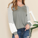 Medium SAGE V-NECK BASEBALL TUNIC WITH STRIPE SLEEVES
