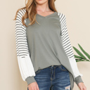 Large SAGE V-NECK BASEBALL TUNIC WITH STRIPE SLEEVES
