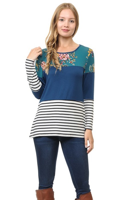 Floral Solid Stripe Color Block Tunic