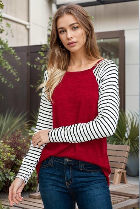 Raglan Solid top with stripe long sleeve 