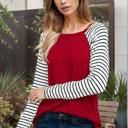 Small RED Raglan Solid top with stripe long sleeve 