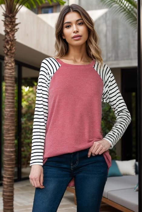Raglan Solid top with stripe long sleeve 