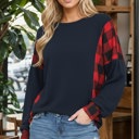 Small NAVY LONG SLEEVE TOP WITH BUFFALO PLAID CONTRAST