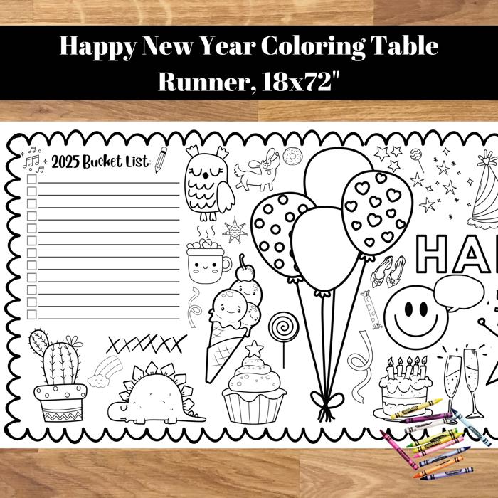 Happy New Year 2025 Coloring Table Runner, 18"x72"