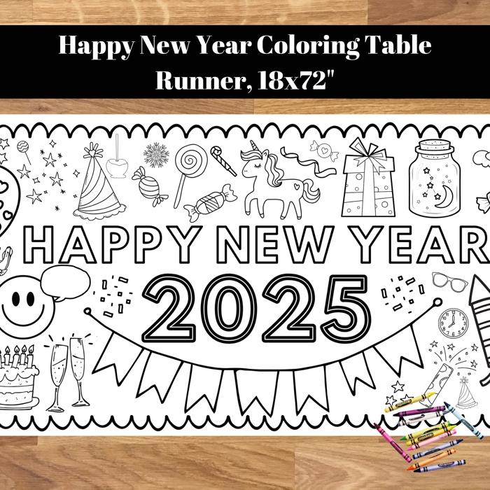 Happy New Year 2025 Coloring Table Runner, 18"x72"