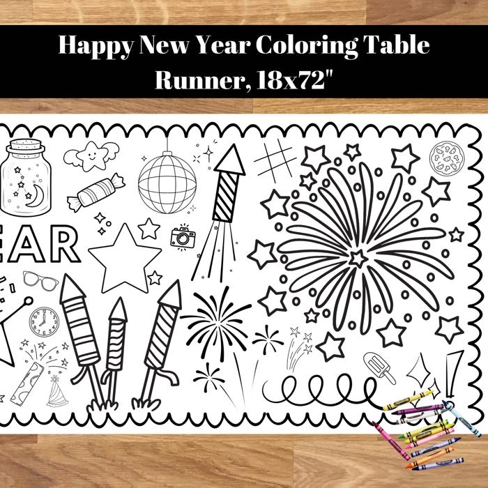 Happy New Year 2025 Coloring Table Runner, 18"x72"