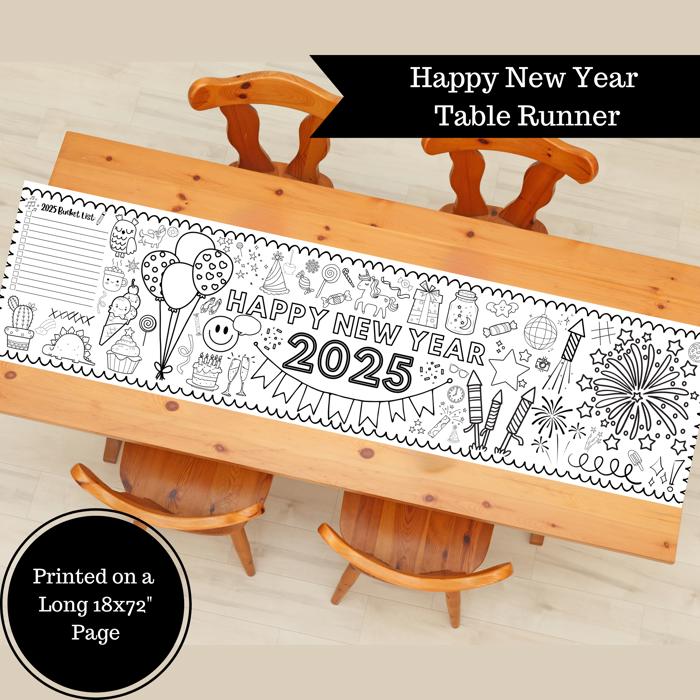 Happy New Year 2025 Coloring Table Runner, 18"x72"