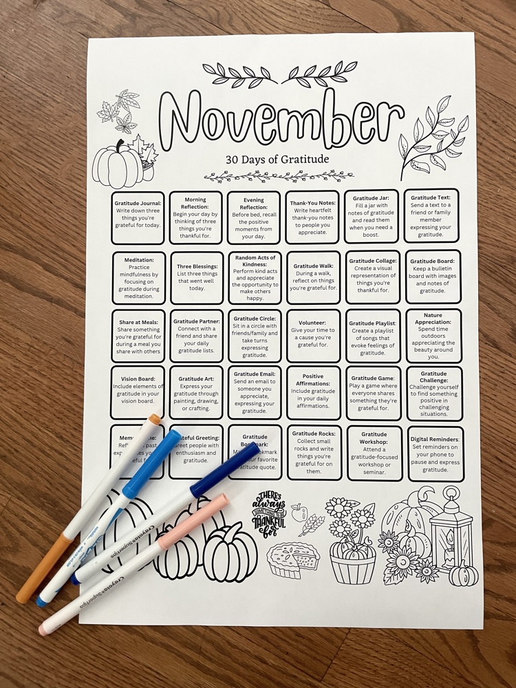 30 Days of Gratitude November Coloring Page, 18x24"