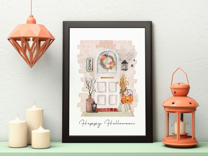 Custom Halloween Watercolor Front Door Art Print - 4 Styles