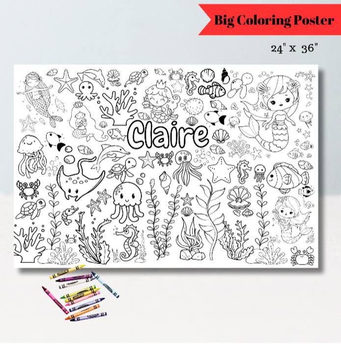 24x36" Personalized Mermaid Coloring Page | Cute Bedroom Decor or Gift